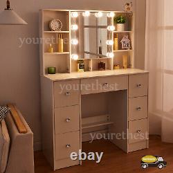 Coiffeuse blanche avec miroir à LED, 10 étagères de rangement, bureau de maquillage.