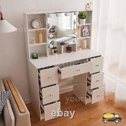 Coiffeuse blanche avec miroir à LED, 10 étagères de rangement, bureau de maquillage.