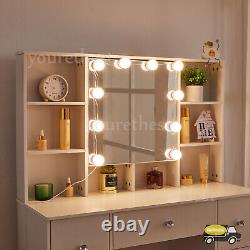 Coiffeuse blanche avec miroir à LED, 10 étagères de rangement, bureau de maquillage.