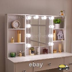 Coiffeuse blanche avec miroir à LED, 10 étagères de rangement, bureau de maquillage.