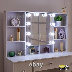 Coiffeuse blanche avec miroir à LED, 10 étagères de rangement, bureau de maquillage.