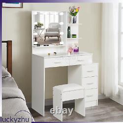 Coiffeuse blanche avec miroir à LED, table de toilette à 5 tiroirs, ensemble de table de maquillage avec tabouret