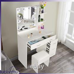 Coiffeuse blanche avec miroir à LED, table de toilette à 5 tiroirs, ensemble de table de maquillage avec tabouret