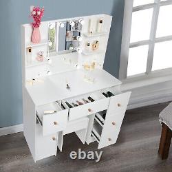 Coiffeuse blanche avec miroir à lumières LED, tiroirs et tabouret, table de maquillage à coiffeuse