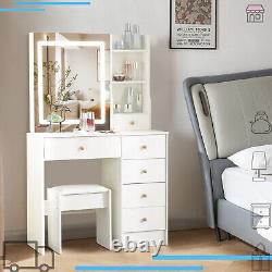 Coiffeuse blanche avec miroir éclairé coulissant à LED, 5 tiroirs, armoires et étagères