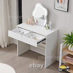 Coiffeuse blanche avec miroir irrégulier à LED à intensité réglable Table de maquillage Vanity Desk