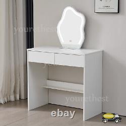 Coiffeuse blanche avec miroir irrégulier à LED à intensité réglable Table de maquillage Vanity Desk