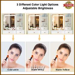 Coiffeuse blanche avec miroir, tabouret et éclairage LED à 3 couleurs pour maquillage, ensemble de vanité pour chambre