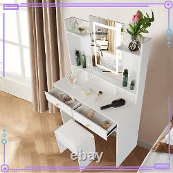 Coiffeuse blanche avec tiroirs, tabouret, miroir à LED et bureau de maquillage à écran tactile