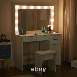 Coiffeuse blanche en MDF avec miroir à LED, 4 tiroirs, 1 porte - Cadeau de chambre à coucher Nouveau