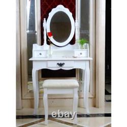 Coiffeuse blanche en bois avec miroir, tiroirs de rangement et tabouret pour chambre à coucher.