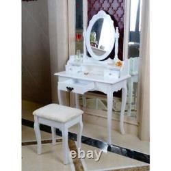 Coiffeuse blanche en bois avec miroir, tiroirs de rangement et tabouret pour chambre à coucher.
