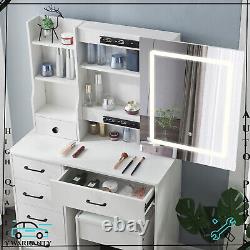 Coiffeuse de chambre avec miroir éclairé à LED, table de maquillage et tabouret.