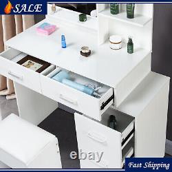 Coiffeuse de maquillage avec miroir LED, commode blanche de chambre à coucher, table de maquillage + ensemble de tabouret