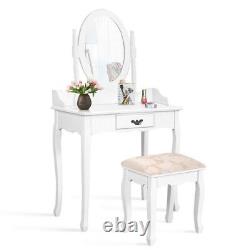 Coiffeuse en bois avec miroir, tiroir et tabouret - Ensemble de table de maquillage et de bijoux blanc