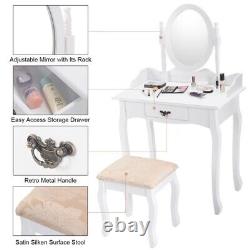 Coiffeuse en bois avec miroir, tiroir et tabouret - Ensemble de table de maquillage et de bijoux blanc