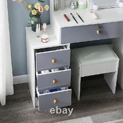 Coiffeuse grise avec miroir à LED, 5 tiroirs et tabouret - Ensemble de bureau de maquillage