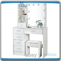 Coiffeuse vanity avec miroir coulissant LED, 6 tiroirs et tabouret pour chambre à coucher, table de maquillage