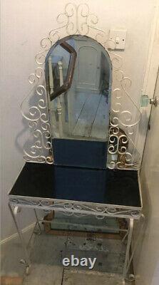 Crème Vintage Wrought Iron Français Antique Dressing Table Vanity Mirror Glass Top