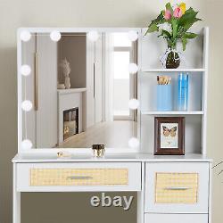 Ensemble avec grande vanité miroir, 4 tiroirs, table de maquillage + lumières LED, tabouret.