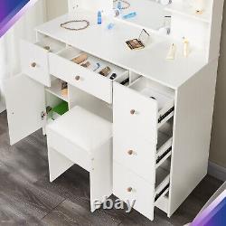 Ensemble de bureau de vanité Morden avec miroir à ampoules LED, table de maquillage avec 5 tiroirs et tabouret