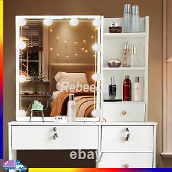 Ensemble de coiffeuse Hollywood Vanity Makeup Dressing Table avec tabouret et ampoules LED dimmables 6 tiroirs