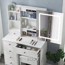 Ensemble de coiffeuse avec 6 tiroirs, table de maquillage avec tabouret et miroir coulissant LED