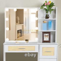 Ensemble de coiffeuse avec miroir, tabouret, lumière, commode à 4 tiroirs et meuble de rangement