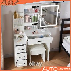 Ensemble de coiffeuse blanche avec 4 tiroirs, miroir et lumière LED - Table de maquillage pour chambre à coucher (Royaume-Uni)