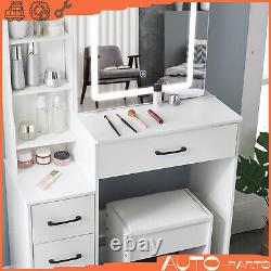 Ensemble de coiffeuse blanche avec 4 tiroirs, miroir et lumière LED - Table de maquillage pour chambre à coucher (Royaume-Uni)