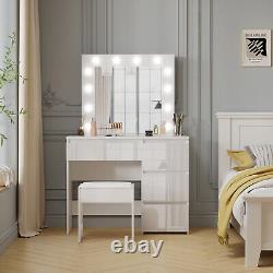 Ensemble de coiffeuse de vanité avec miroir LED, finition brillante, 4 tiroirs, coiffeuse de maquillage pour chambre à coucher