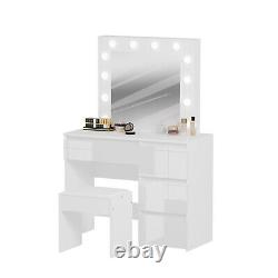 Ensemble de coiffeuse de vanité avec miroir LED, finition brillante, 4 tiroirs, coiffeuse de maquillage pour chambre à coucher