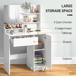 Ensemble de miroir de vanité, table de maquillage en bois avec étagère de rangement, chaise rembourrée blanche.