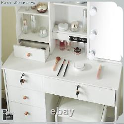Ensemble de table de maquillage avec miroir coulissant éclairé à LED, 10 tiroirs et tabouret