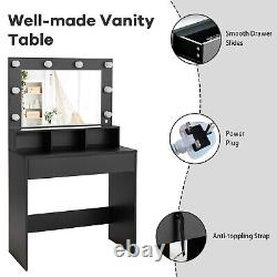 Ensemble de table de toilette avec grand tabouret de maquillage, bureau de toilette avec tiroir et miroir éclairé