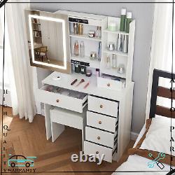 Ensemble de table de toilette moderne en bois avec miroir, bureau de maquillage avec tiroirs et tabouret
