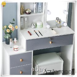 Ensemble de table de toilette moderne en bois avec miroir, bureau de maquillage et tiroirs avec tabouret