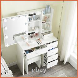 Ensemble de vanité de table de toilette à miroir coulissant à LED avec tabouret de rangement 6 tiroirs étagère