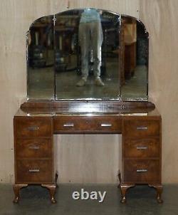 Fine Antique Art Déco Waring & Gillow Burr Table De Robe De Noyer Avec Miroirs