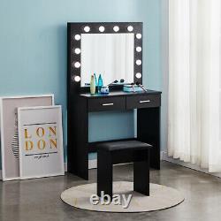 Led Dressing Table Makeup Desk Noir Avec Lumières Mirror Set De Tabouret 2 Tiroirs