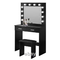 Led Dressing Table Makeup Desk Noir Avec Lumières Mirror Set De Tabouret 2 Tiroirs