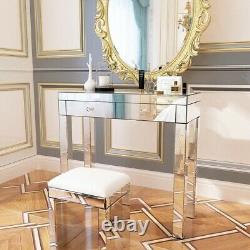 Magnifique Miroir Dressing Table Glass 2 Tiroirs Vanity Table / Tabouret En Cuir