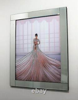 Miroir Cadre Dame En Robe Rose Glitter Cristal Liquide Mur Art 95x75cm