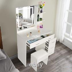 Miroir de coiffeuse avec lumière Tabouret Ensemble de vanité de maquillage Organisateur de bureau Commode