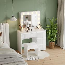 Miroir de maquillage avec table de maquillage à LED, tabouret et tiroir, ensemble unité de coiffeuse blanche pour chambre