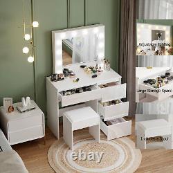 Miroir de maquillage avec table de maquillage à LED, tabouret et tiroir, ensemble unité de coiffeuse blanche pour chambre