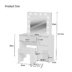 Miroir de maquillage avec table de maquillage à LED, tabouret et tiroir, ensemble unité de coiffeuse blanche pour chambre