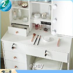 Miroir de table de toilette avec éclairage LED, ensemble tabouret coiffeuse avec table à maquillage et 6 tiroirs.