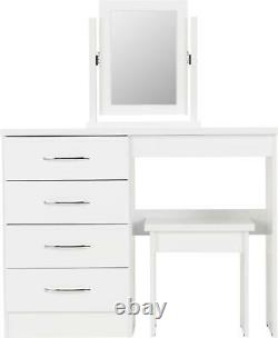 Nevada 4 Drawer Dressing Table Fixer Vanity Desk Avec Stool Mirror White