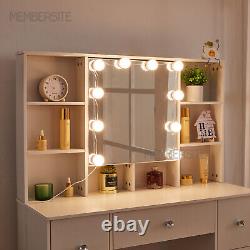 Nouvelle coiffeuse coiffeuse maquillage avec miroir lumineux à LED, 7 tiroirs et 10 étagères